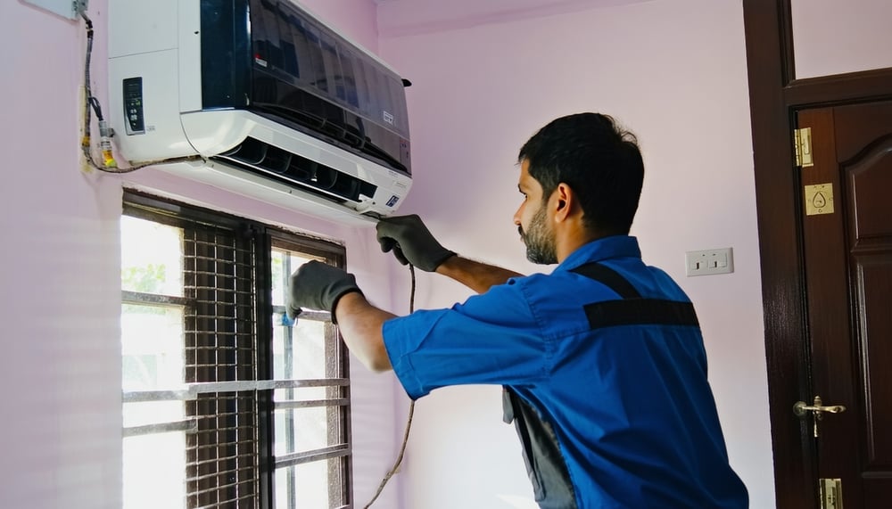 Technician repairing an air conditioner in a Mumbai apartment